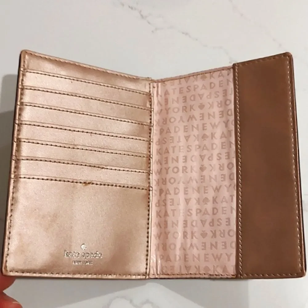 Kate Spade Metallic Rose Gold Leather Passport Holder Card Wallet